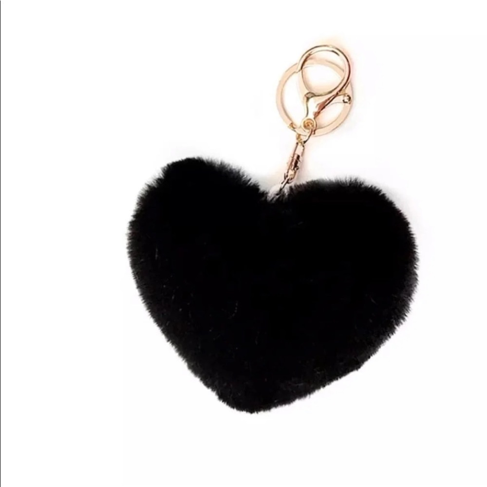 Black furry heart keychain purse charm keyfob
